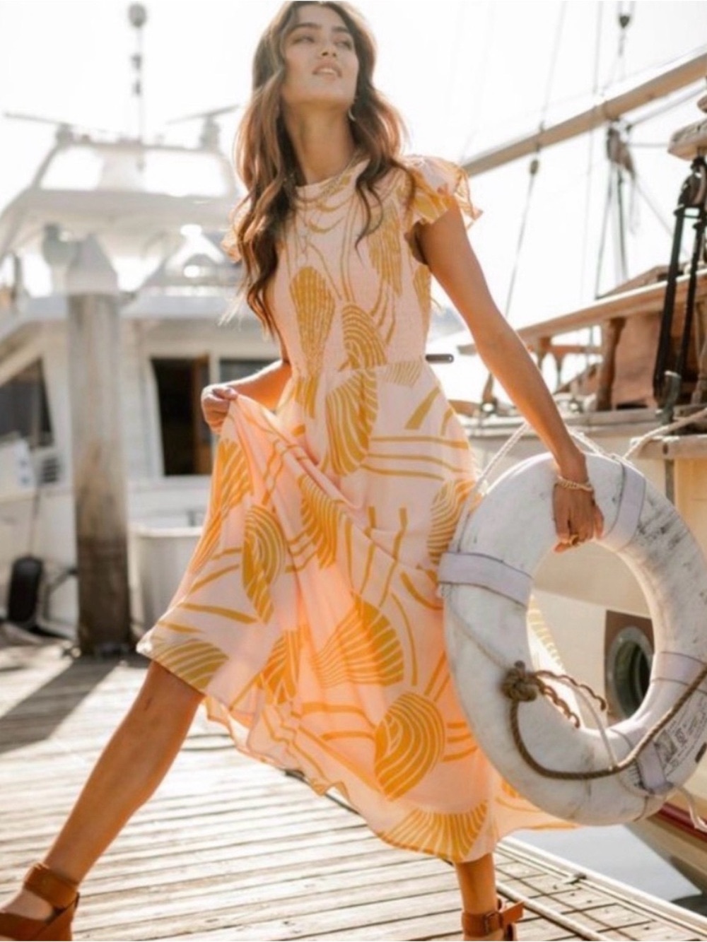 Bohme Pink & Mustard Printed Floral Smocked Maxi Dress Size Small Vacation